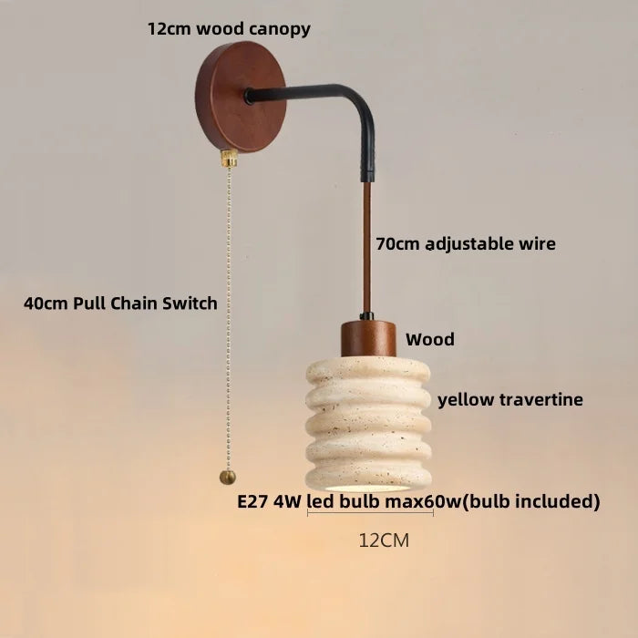 Nordic LED Wood Wall Sconce Yellow Travertine Bedside Lamp for Modern Home