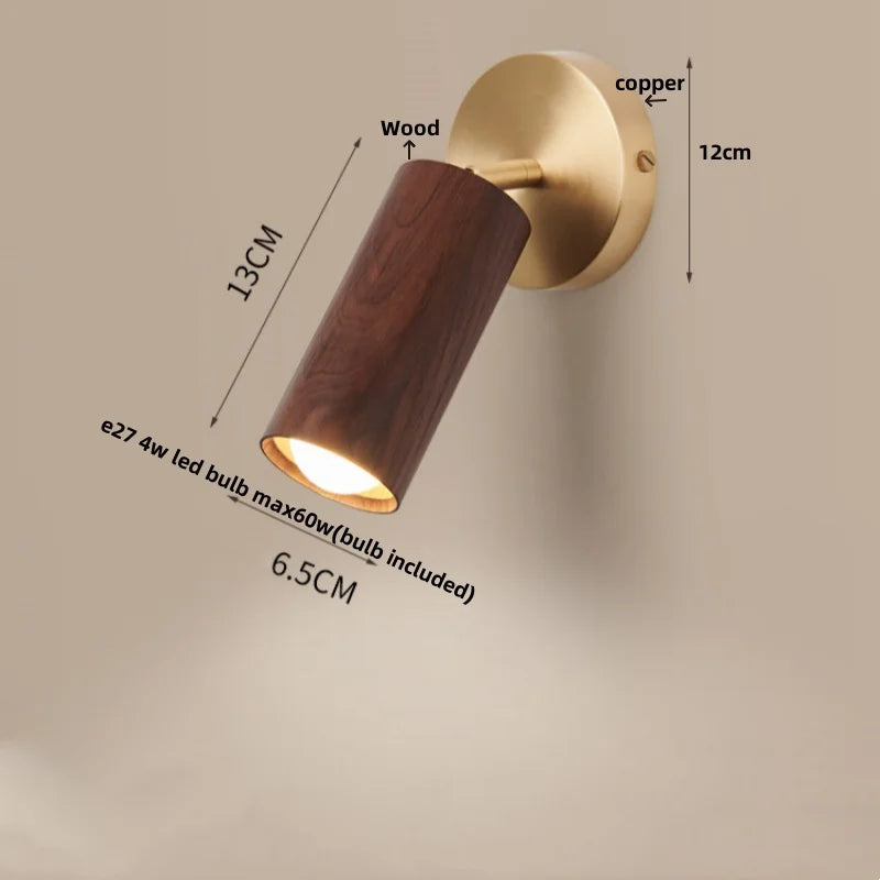 Wood Nordic LED Wall Light - Modern Copper Canopy Bedside Lamp