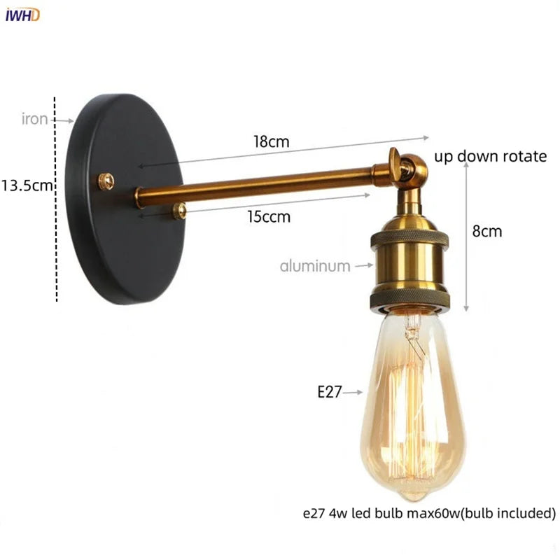 Gold Industrial LED Wall Lamp for Loft Stair & Bedroom Lighting