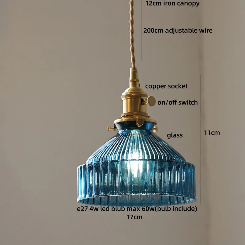 Afralia™ LED Pendant Lights with Blue Glass & Brass Knob Switch for Modern Home Decor