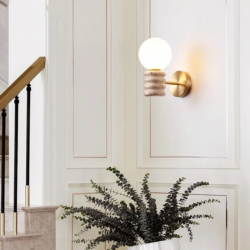 Japanese LED Wall Lamp, Pull Chain Switch, Yellow Travertine Glass, White Shade