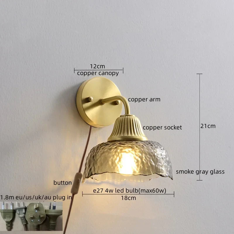 Copper Glass LED Wall Lamp Japanese Style Home Decor Fixture