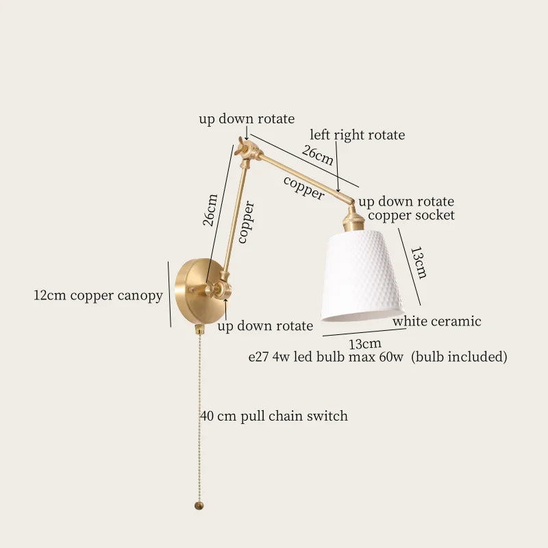 Ceramic LED Wall Lamp, Pull Chain Switch, Nordic Copper, Small Size