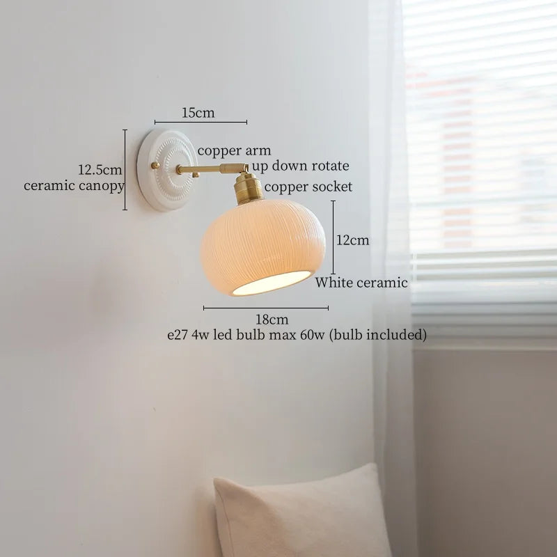 Pleats Ceramic LED Wall Light Bedroom Bathroom Mirror Bedside Lamp Copper