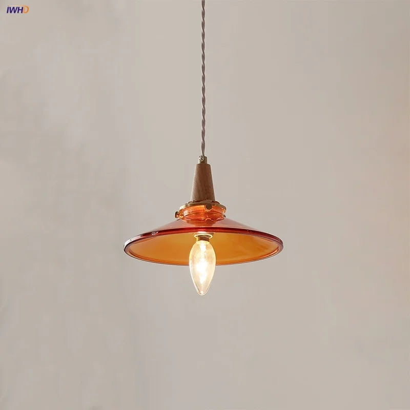 Wood Amber Glass LED Pendant Light Fixture - Nordic Modern Hanging Lamp