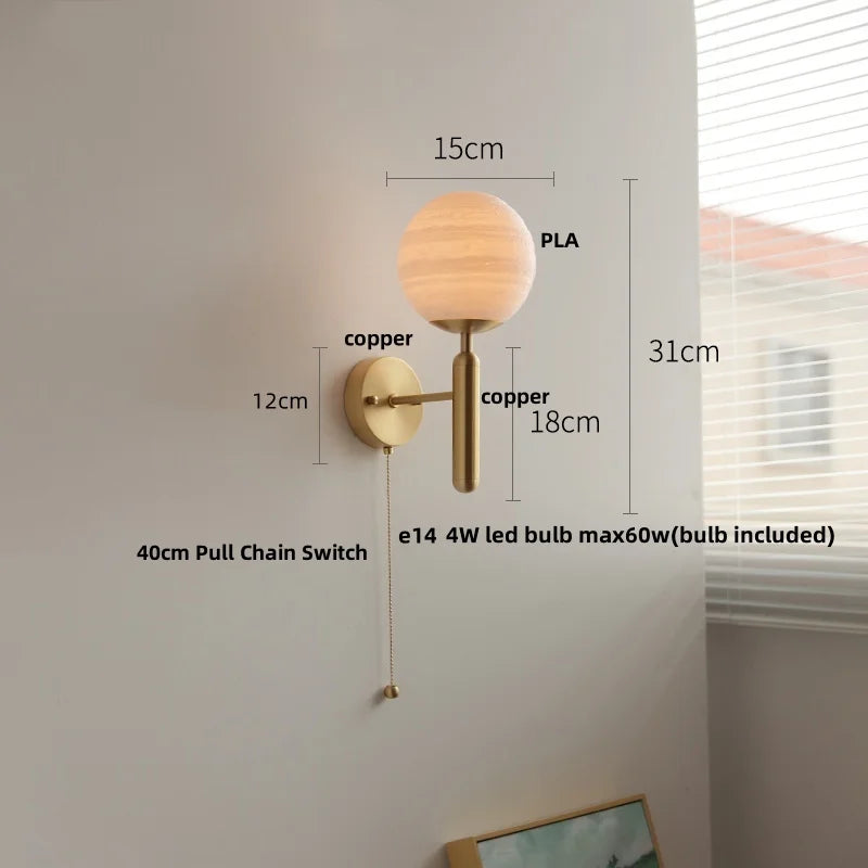 Moon LED Wall Lamp with Pull Chain Switch and Copper Base