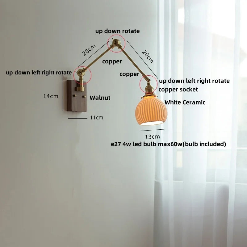 Ceramic Ball Brass Walnut Wood Wall Light with Pull Chain Switch