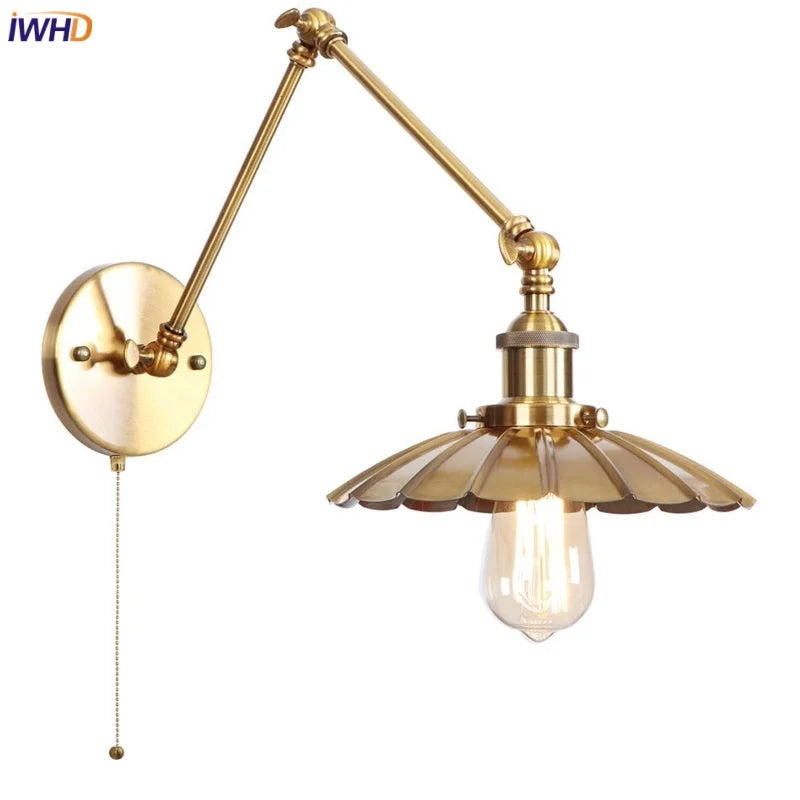 Gold Industrial LED Wall Lamp with Pull Chain Switch for Home Decor