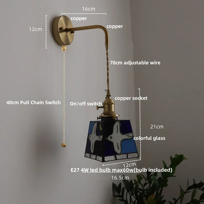 Tiffany Style Peace Dove Glass Wall Sconce LED Lamp with Adjustable Wire and Pull Chain Switch.