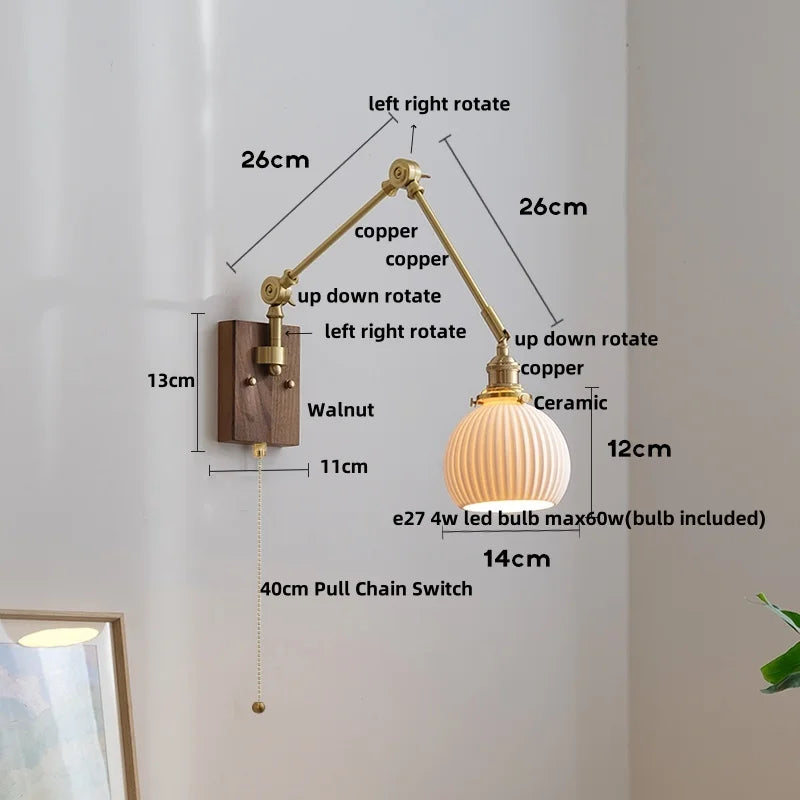Wood Rotatable 2-Arm LED Wall Sconce with Pull Chain Switch