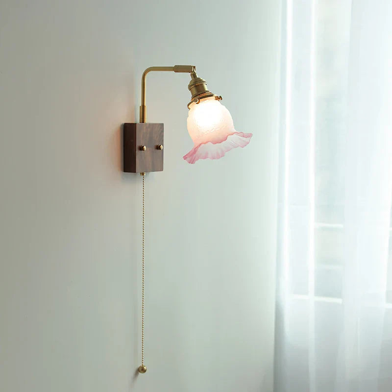 Afralia™ Glass Pink LED Wall Sconce, Pull Chain Switch, Walnut Wood Bedside Lamp