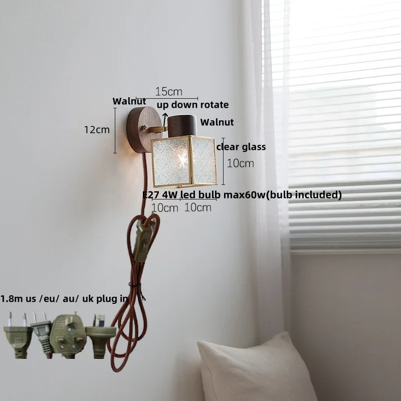 Clear Glass LED Wall Sconce Walnut Wood Bedroom Living Room Modern Fixture