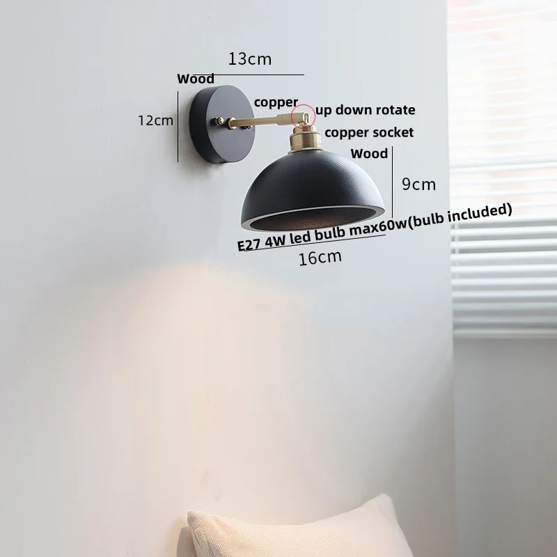 Black Wood LED Wall Light with Pull Chain Switch, Rotating Japanese Style Bedside Lamp