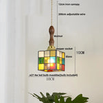 Colorful Glass Magic Cube LED Pendant Lights Tiffany Style Wood Hang Lamp