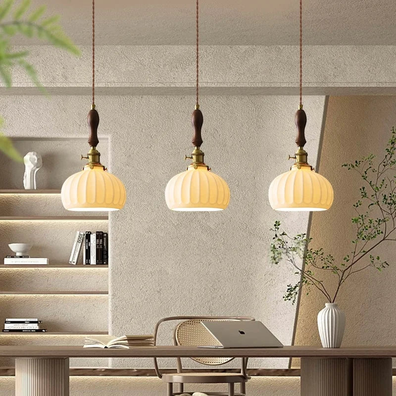 Wood Handle LED Pendant Lights Japanese Vintage Style Bar Bedroom Living Room HangLamp