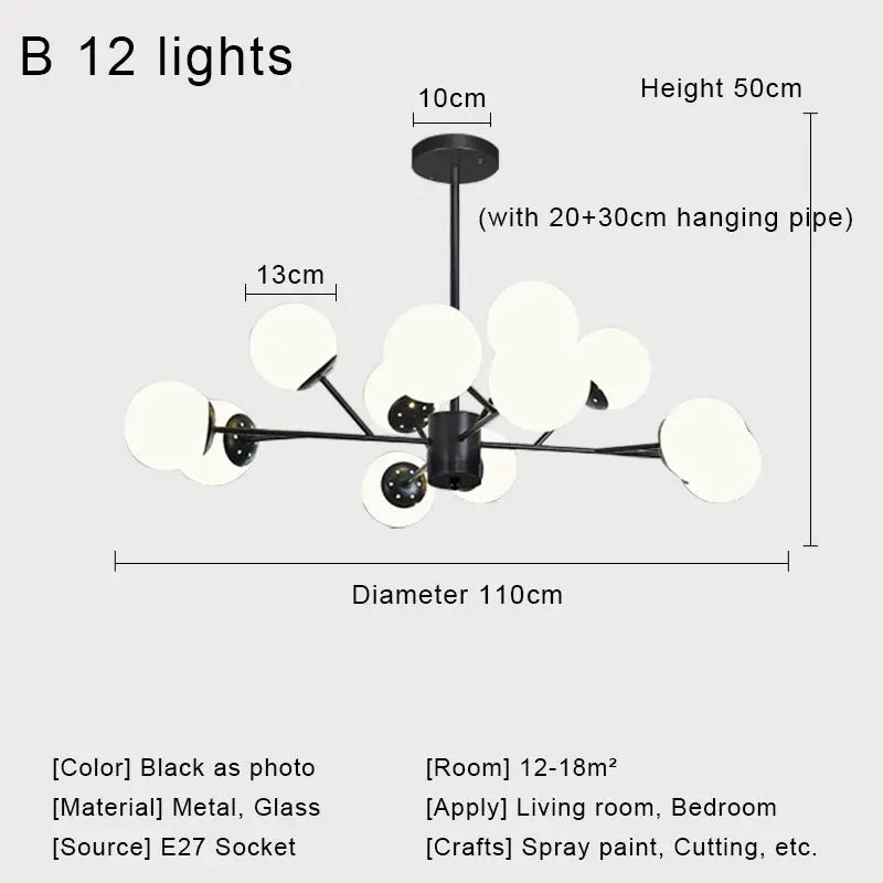 Nordic Black Glass Ball Ceiling Chandelier for Living Room Kitchen Bedroom Dining Home Décor