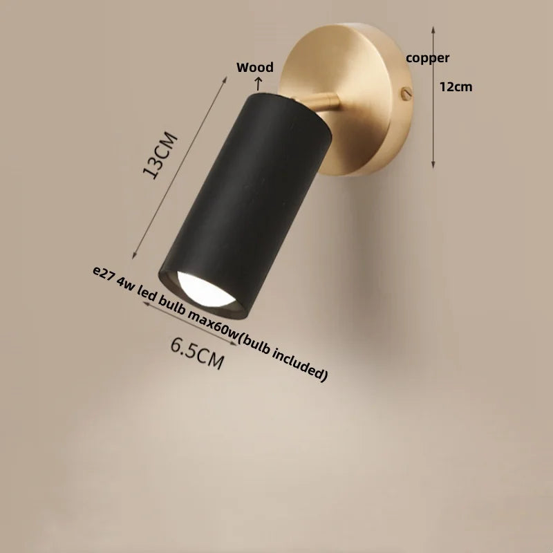 Wood Nordic LED Wall Light - Modern Copper Canopy Bedside Lamp
