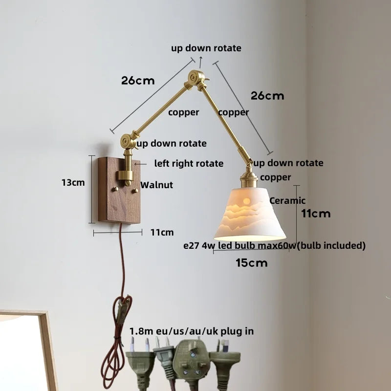 Wood LED Wall Light with Pull Chain Switch & Rotatable Amber Glass