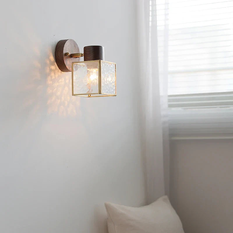 Clear Glass LED Wall Sconce Walnut Wood Bedroom Living Room Modern Fixture