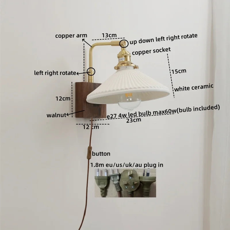 Walnut Ceramic LED Wall Lamp Pull Chain Switch - Modern Bathroom Mirror Light
