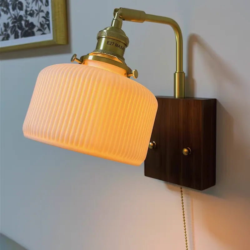 Ceramic LED Wall Sconce with Walnut Wood Pull Chain Switch - Nordic Style