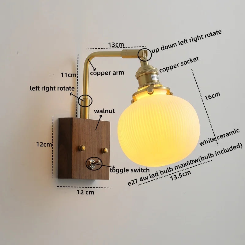 Walnut Ceramic LED Wall Lamp Pull Chain Switch - Modern Bathroom Mirror Light