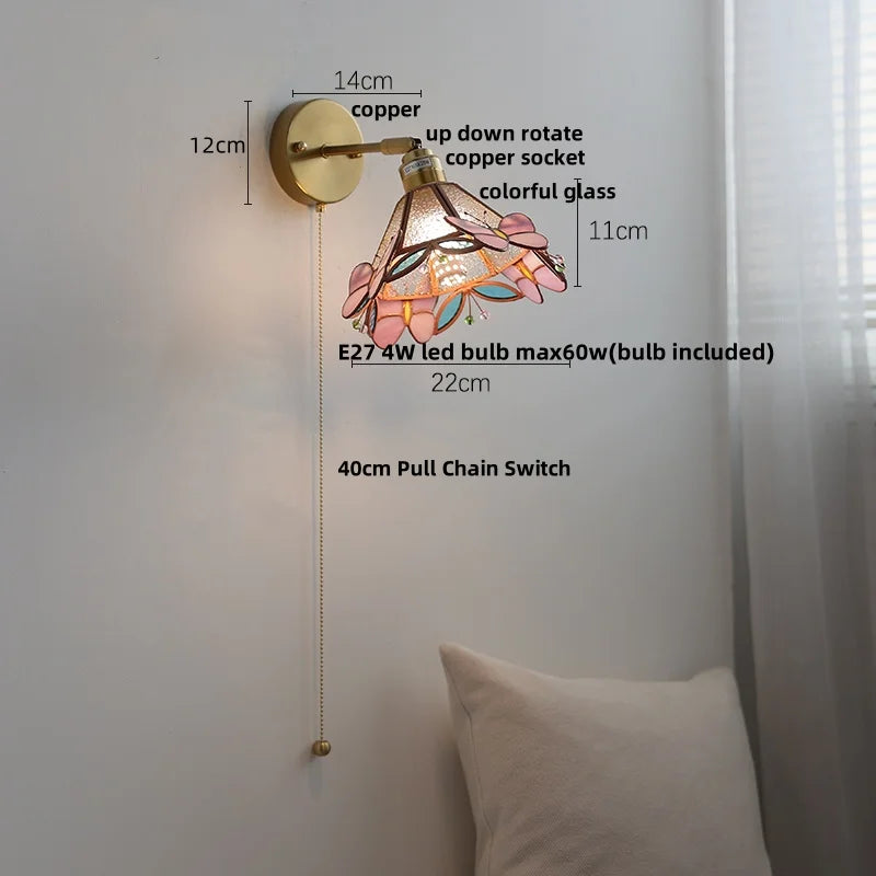 Copper Butterfly Glass Wall Light Fixture Up Down Rotate LED Bedside Lamp