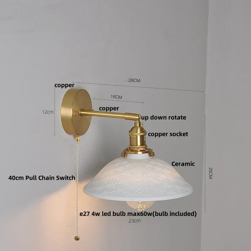 Nordic LED Wall Light Fixture Pull Chain Switch Brass Bedside Lamp