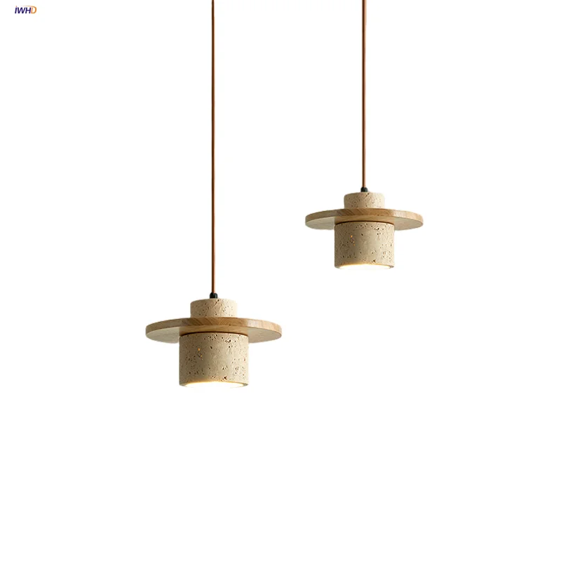Nordic LED Pendant Lamp Wood Base Yellow Travertine Adjustable Hanging Light