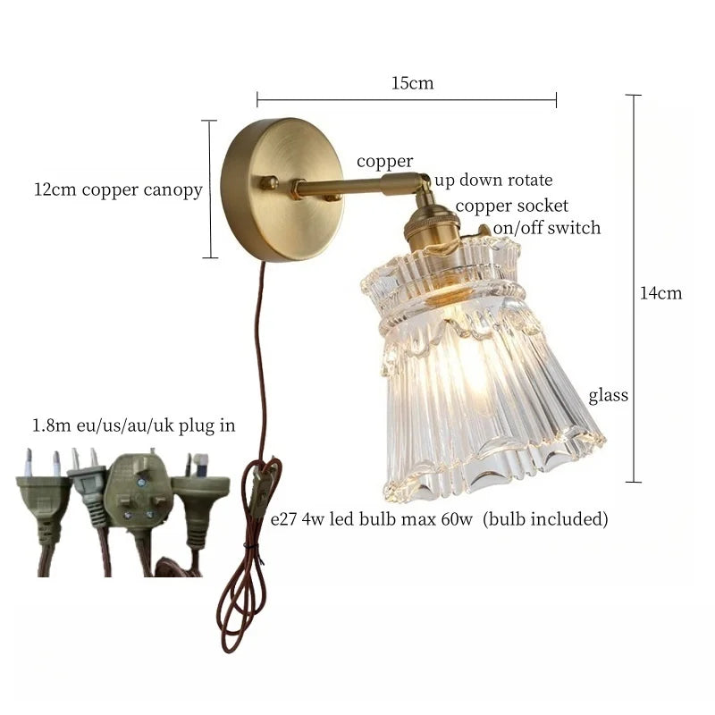 Clear Brass Glass LED Wall Lamp Pull Chain for Living Room Bedroom Loft