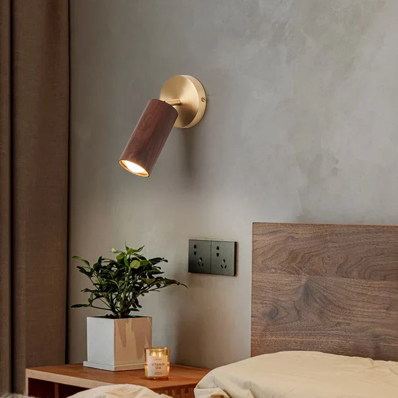 Wood Nordic LED Wall Light - Modern Copper Canopy Bedside Lamp