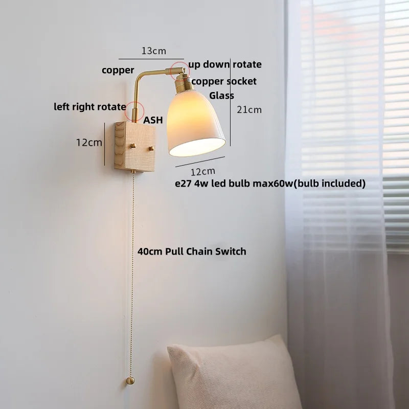 Walnut Wood LED Wall Sconce Rotatable Glass Bedside Lamp Nordic Modern
