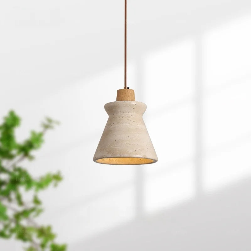 Stone LED Pendant Light: Nordic Modern Yellow Travertine Fixture for Living Dining Hallway