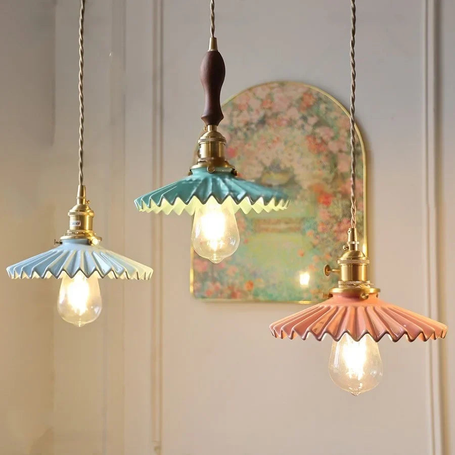 Afralia™ Nordic LED Pendant Light Walnut Wood Green Ceramic Hanging Lamp