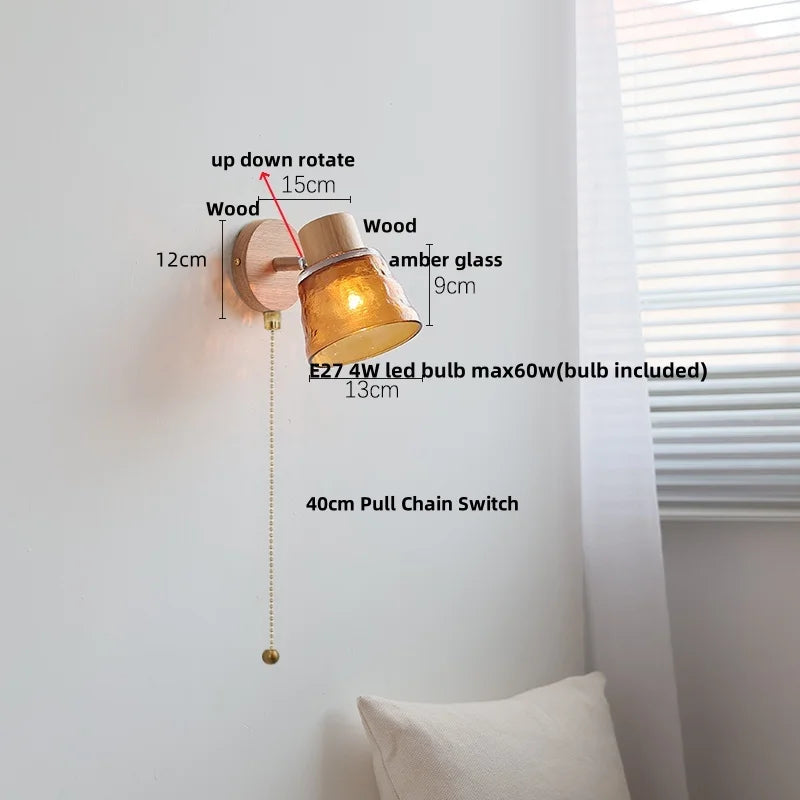 Amber Glass LED Wall Sconce Nordic Modern Wood Pull Chain Switch Stair Light