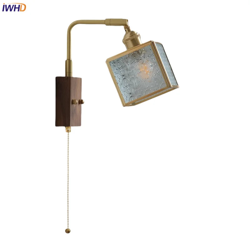 Wood Cube Glass LED Wall Lights with Pull Chain Switch for Modern Interiors