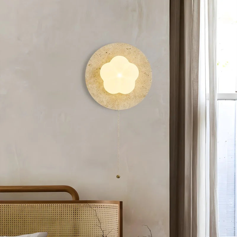 Afralia™ Modern Cotton LED Wall Lamp Pull Chain Switch Yellow Travertine Nordic Bedroom Living Room