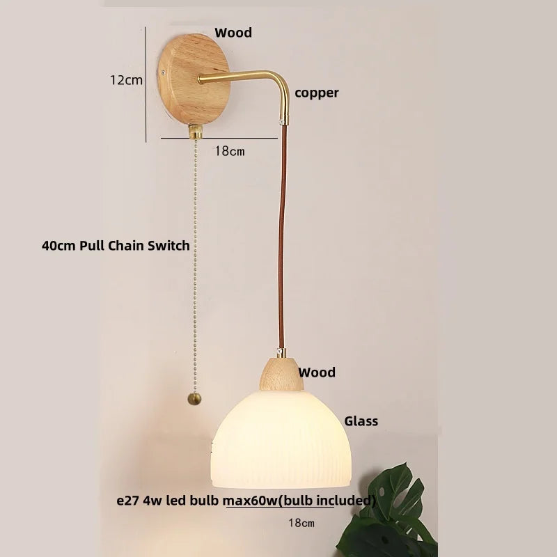 Clear Glass LED Wall Lights with Wood Pull Chain Switch, Modern Art Bedside Lamp