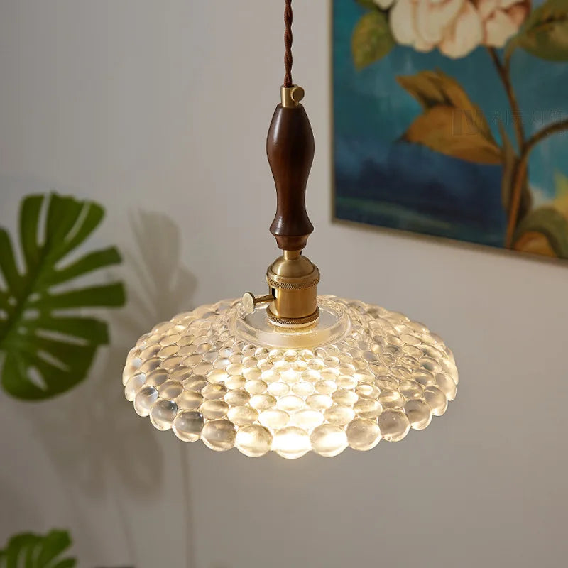 Copper Glass Pendant Light Fixture with Wood Handle & LED Bulb