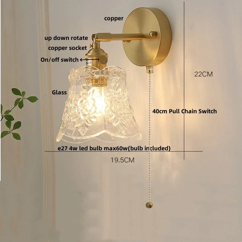 Afralia™ Green Glass LED Wall Lights Pull Chain Switch Vintage Style Bedside Lamp