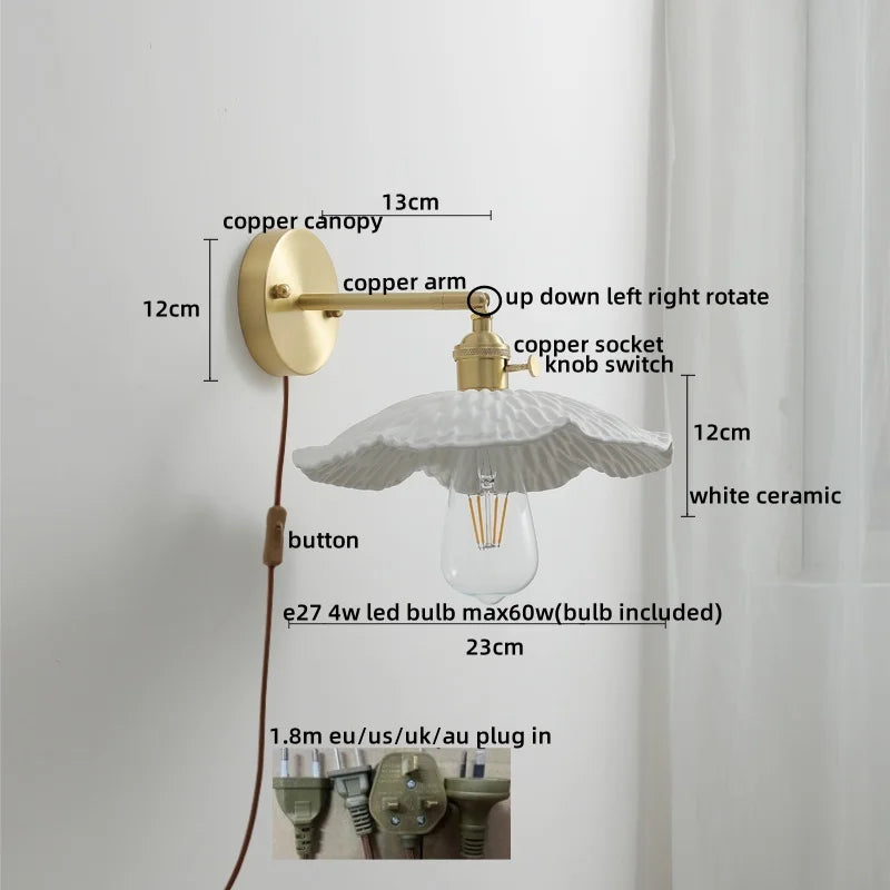 Ceramic Copper LED Wall Light with Pull Chain Switch for Modern Nordic Home Decor