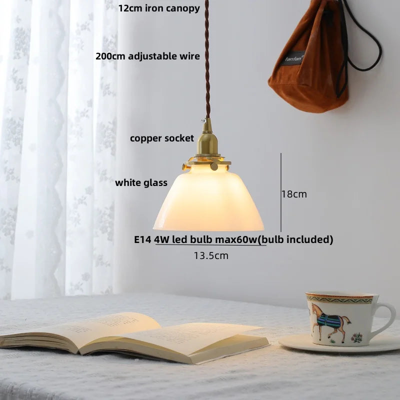 Afralia™ White Glass Copper LED Pendant Light Fixture for Study Bedroom Restaurant