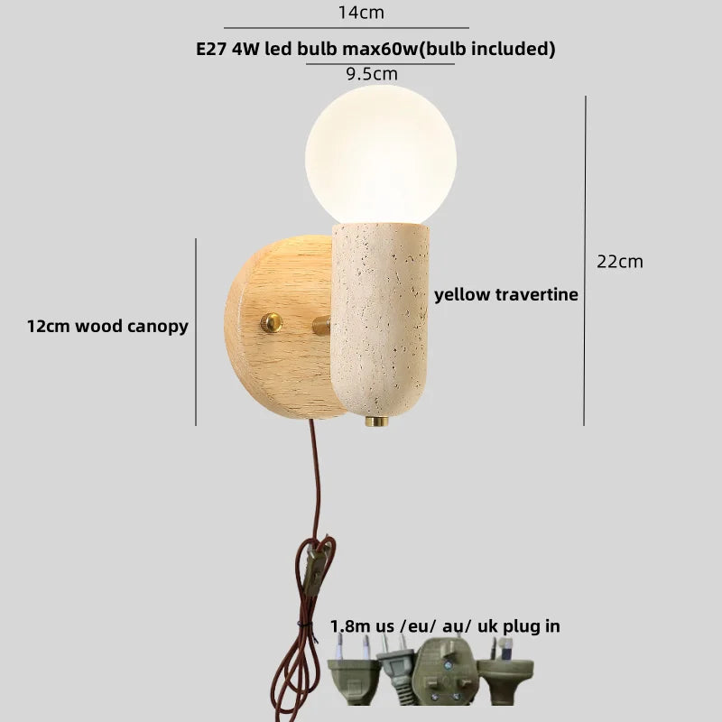 Wood & Travertine LED Wall Sconce with Pull Chain Switch