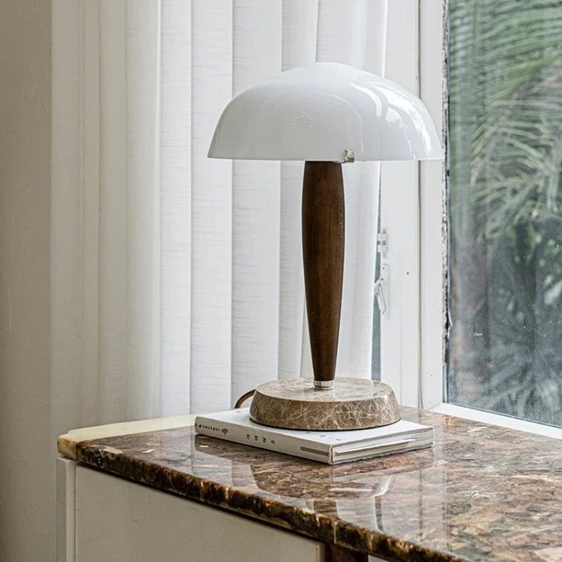 SHY3 Walnut Wood Desk Lamp Glass Shade Marble Base Table Light
