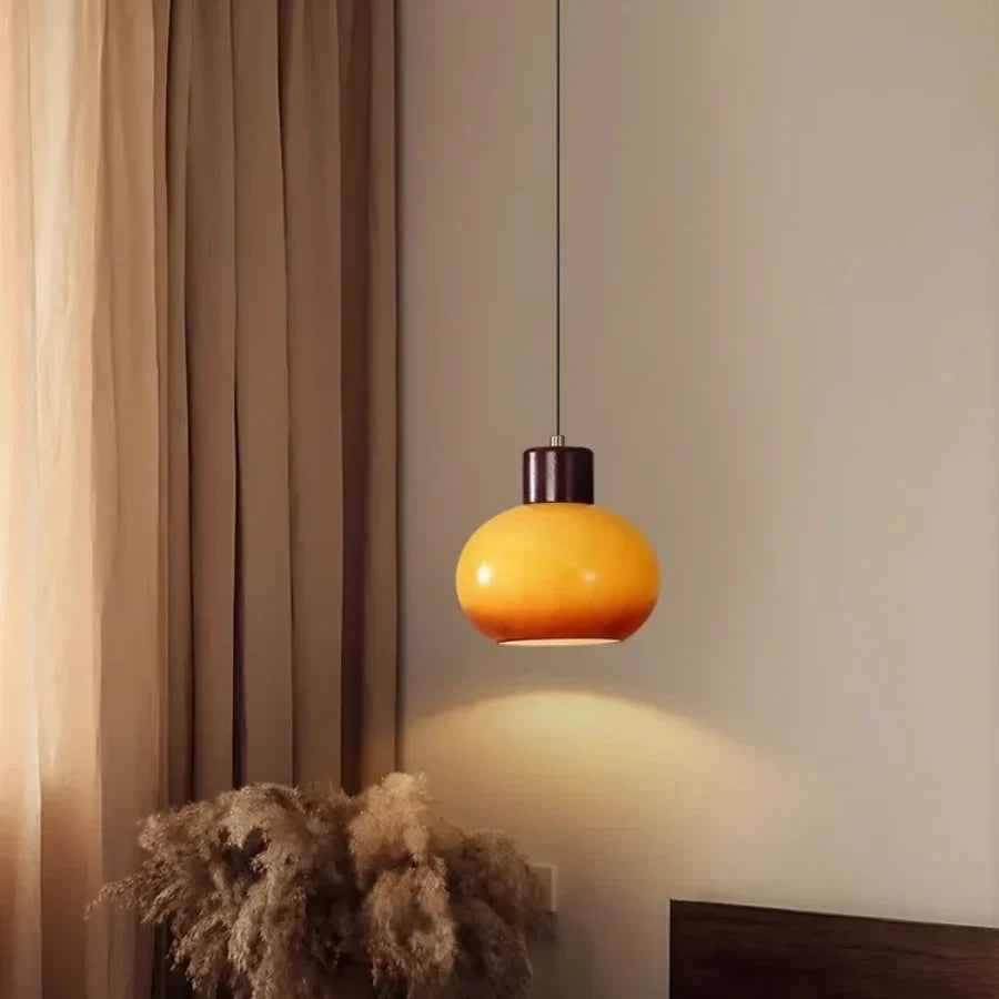 Afralia™ Amber Glass LED Pendant Light for Kitchen Cafe Restaurant Rustic Wood Interior Lighting