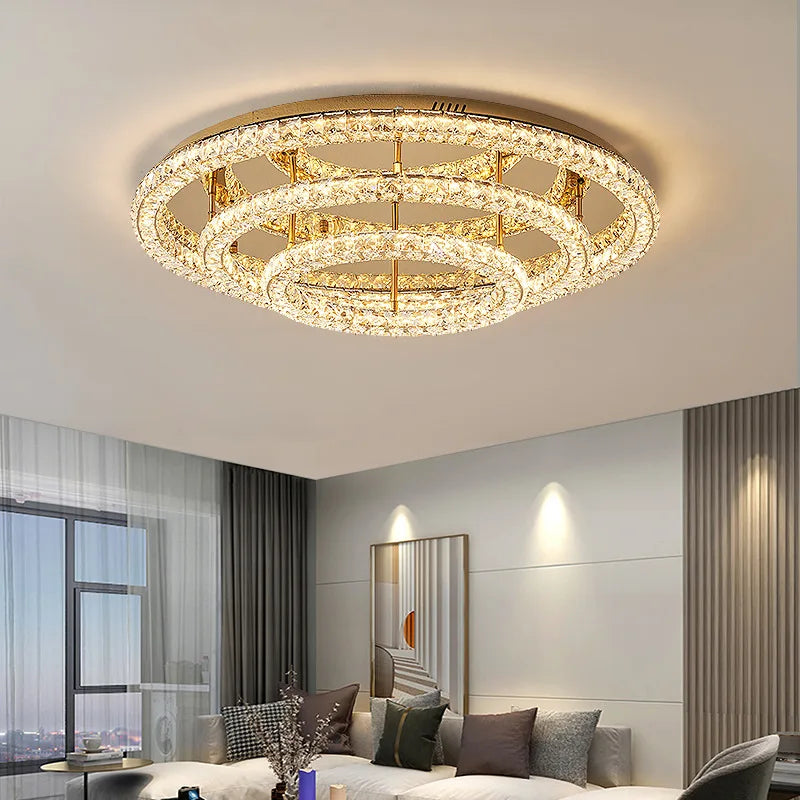 Afralia™ Modern Luxury Dimmable Crystal Chandelier Round Steel LED Ceiling Light