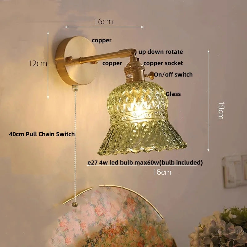 Amber Flower Glass Wall Light Fixture with Pull Chain Switch