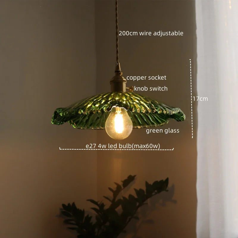 Green Glass LED Pendant Light - Nordic Modern Copper Luminaire Suspendu