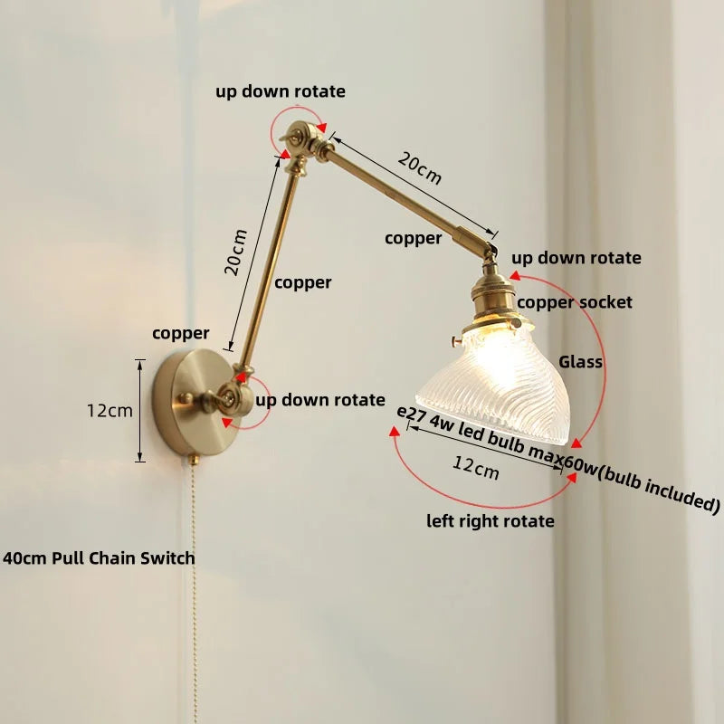 Afralia™ Brass Swing Arm LED Wall Light Fixture with Rotatable Arms & Pull Chain Switch