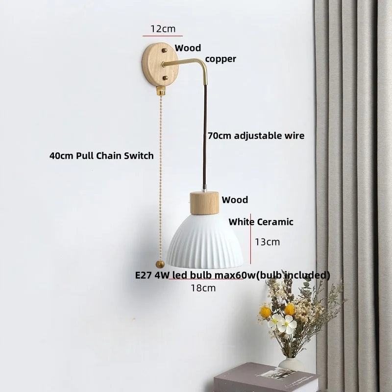 Ceramic Wood Wall Sconce LED Light with Pull Chain Switch - Modern Nordic Style